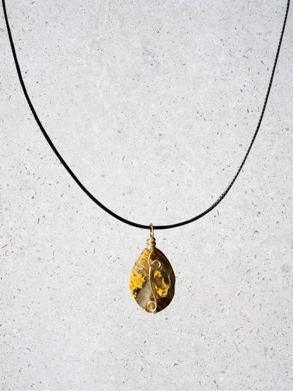 Pietersite Teardrop Pendant Necklace | Gold Leaf Black Cord
